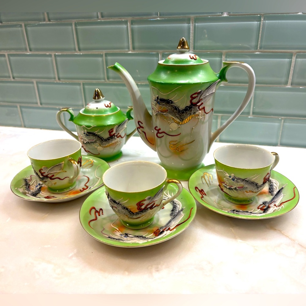 8 Pc Vintage Green Dragonware Betsons Handpainted Japan Tea Set
